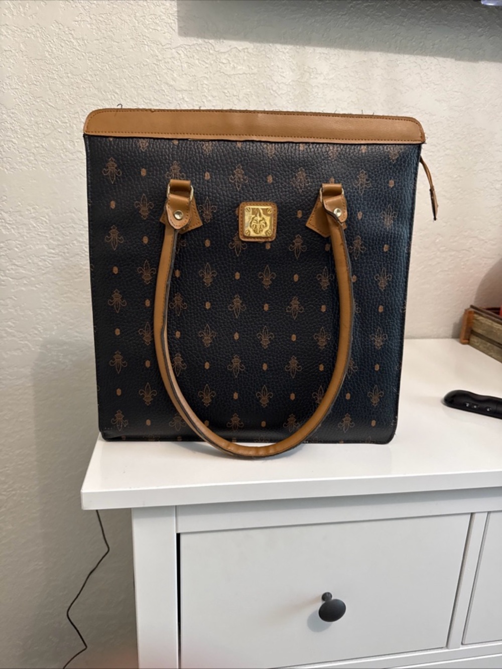 Brown Patterned Tote Bag with Tan Trim
